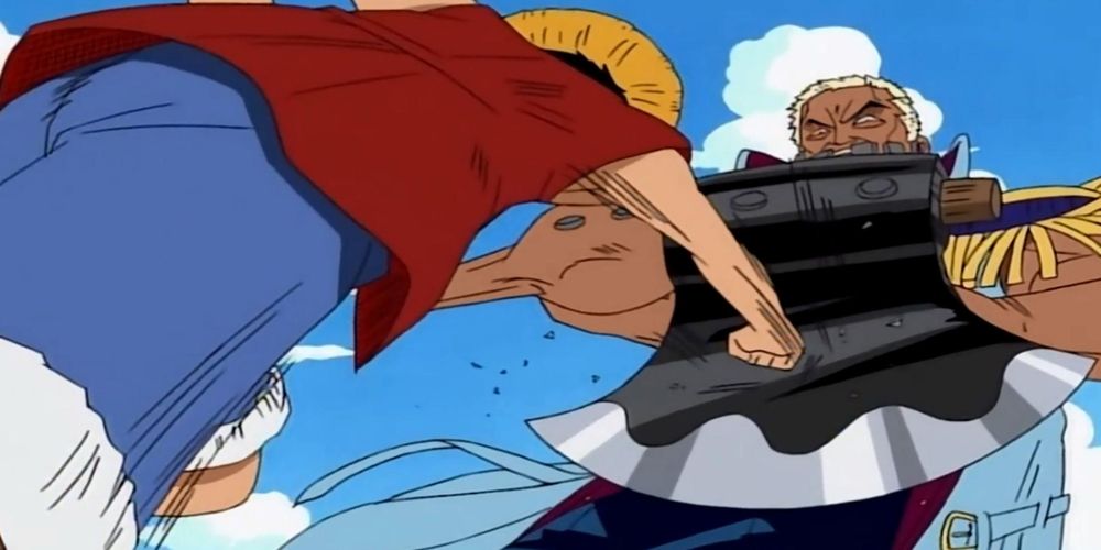 Axe Hand Morgan blocking a punch from Luffy in One Piece.