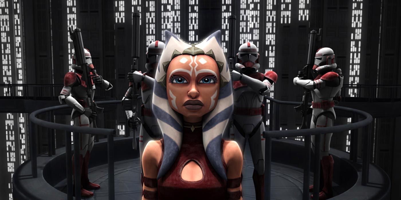 Ahsoka Tano stands with a group of Clone Troopers in Star Wars: The Clone Wars