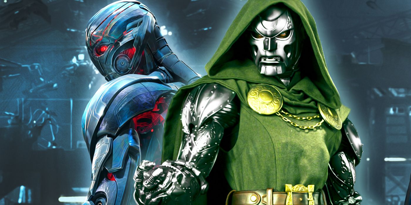 Doctor Doom in front of an image of Ultron.