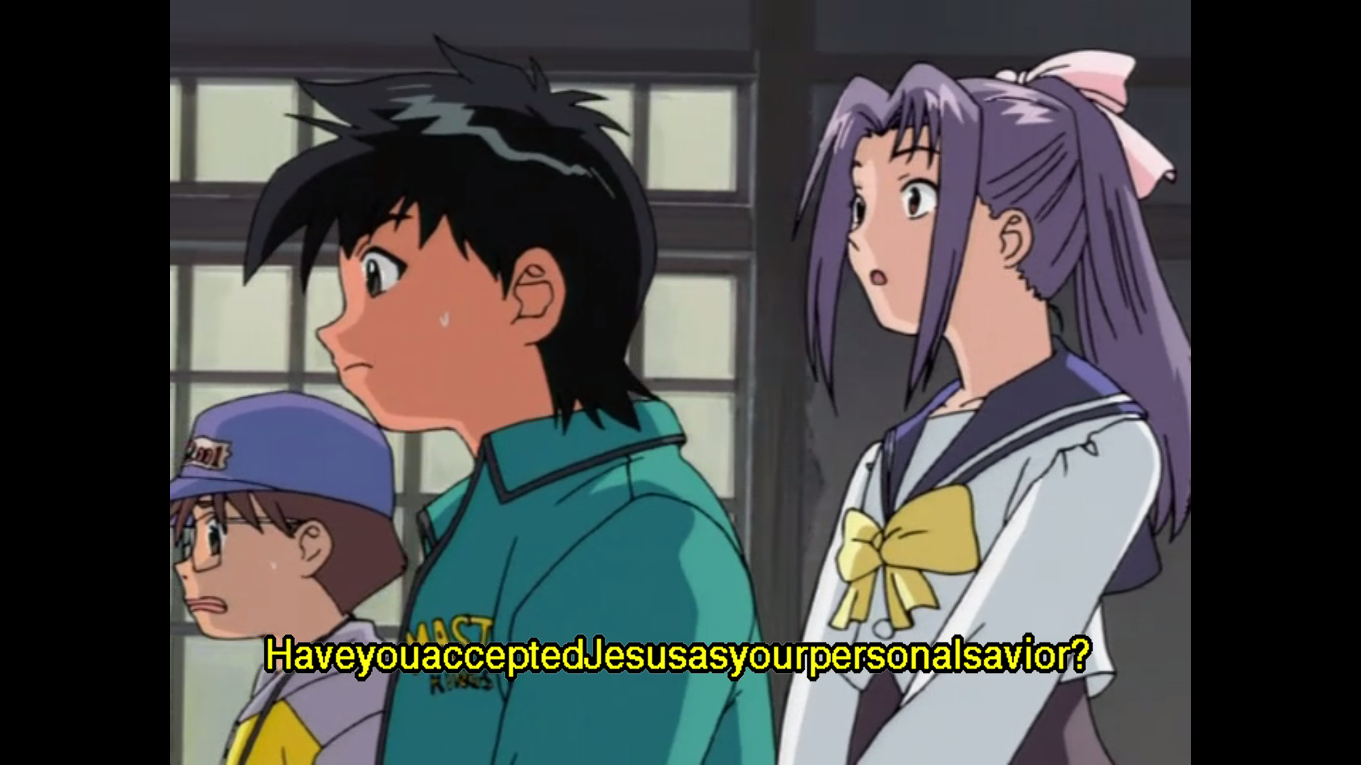 Keiichirou, Hajimi and Momoko asking (in one breath), "HaveyouacceptedJesusasyourpersonalsavior?"