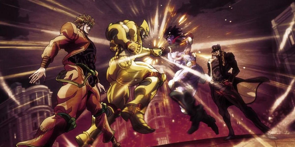 A fight between Jotaro and Dio in JoJo's Bizarre Adventure: Stardust Crusaders.