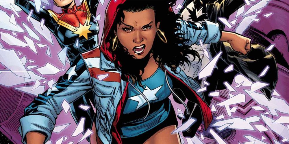 An image of America Chavez charging through shattered glass