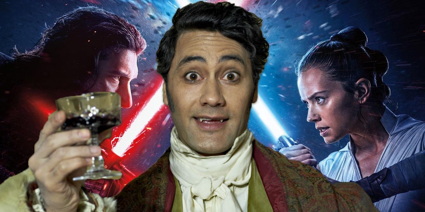 Taika Waititi in vampire garb with a glass of blood in front of Rey and Kylo Ren
