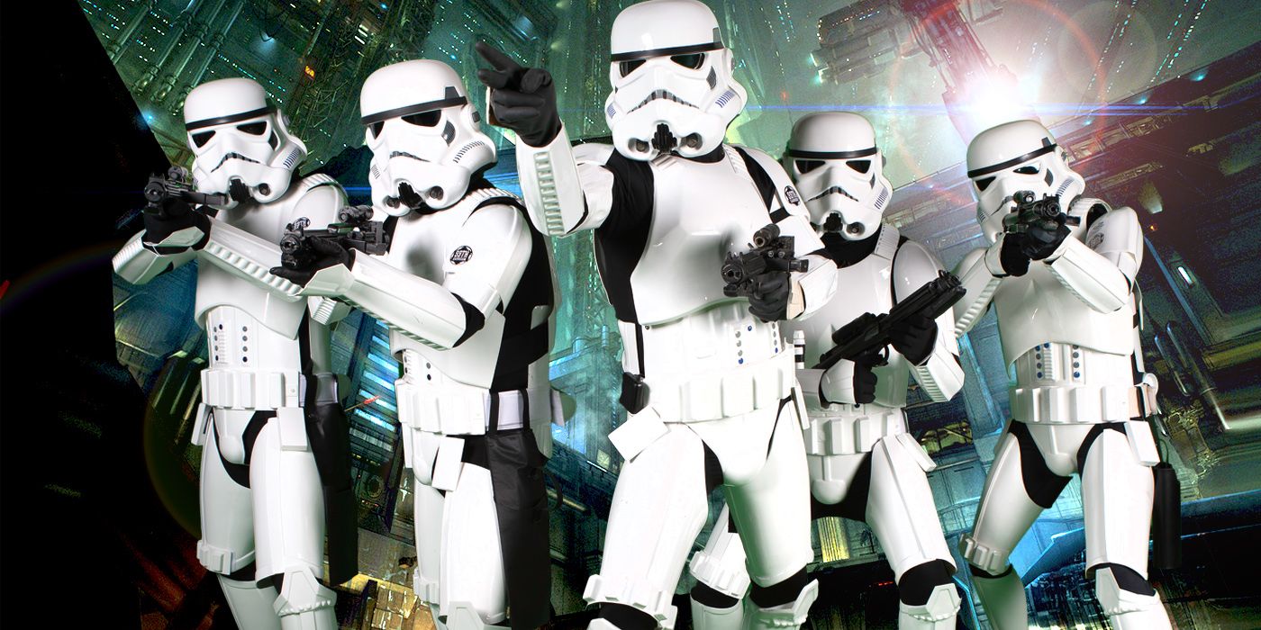 Five storm troopers aim their blasters