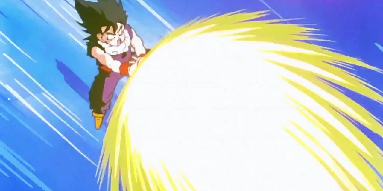 A young Gohan fires a Masenko energy blast in battle in Dragon Ball Z