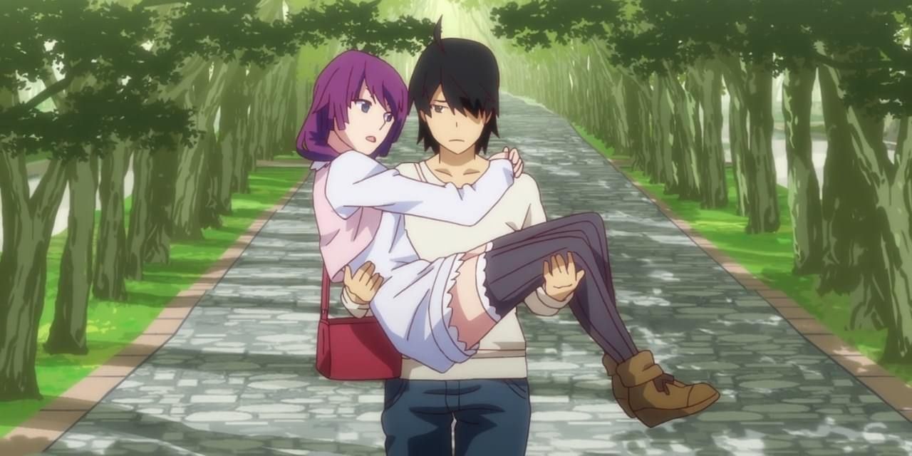 Araragi carrying and Senjougahara Cropped in the Monogatari series