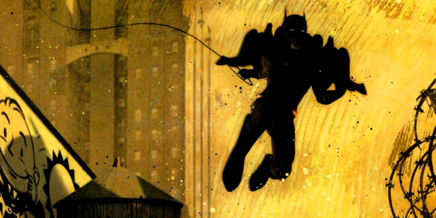 Batman swinging across Gotham City in Cast Shadows