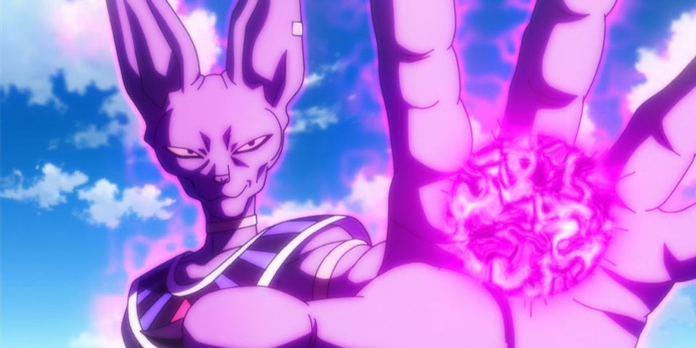 Beerus prepares a Hakai blast in Dragon Ball Super.