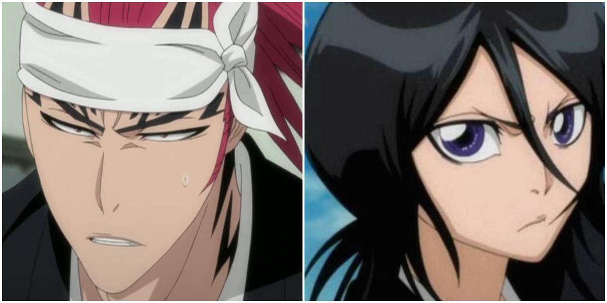 A split panel image showing Renji and Rukia looking determined