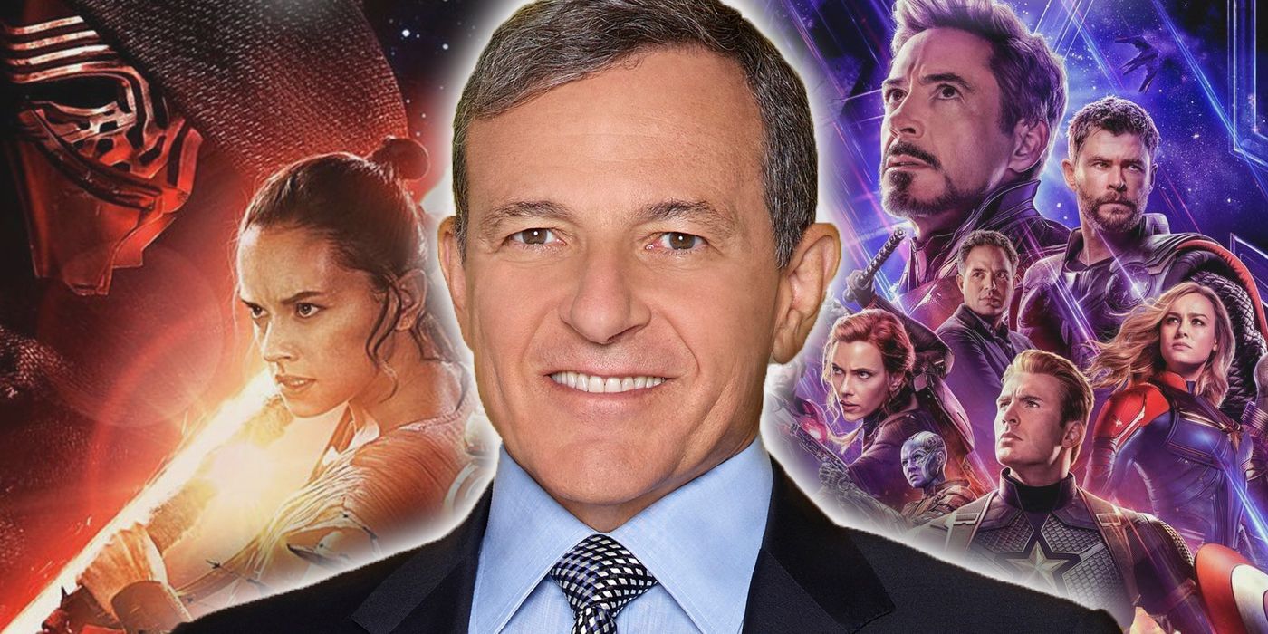 Bob Iger in front of a split images of Star Wars: The Force Awakens and Avengers: Endgame.