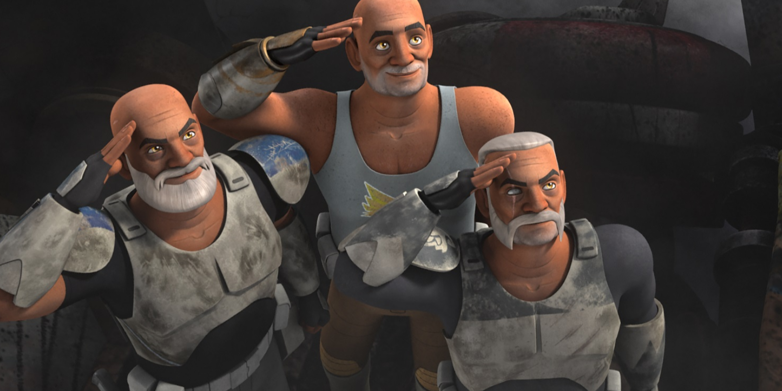 Rex, Gregor, and Wolf salute in Star Wars: Rebels