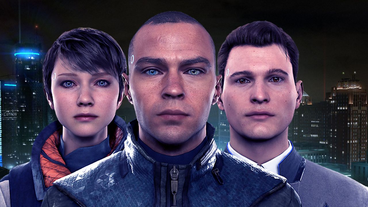 The three android protagonists from Detroit: Become Human stare ahead, blankly