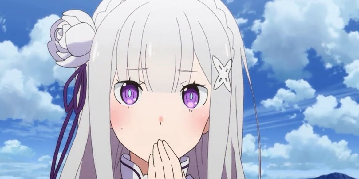 Emilia is bashful in Re:Zero against a blue sky with clouds