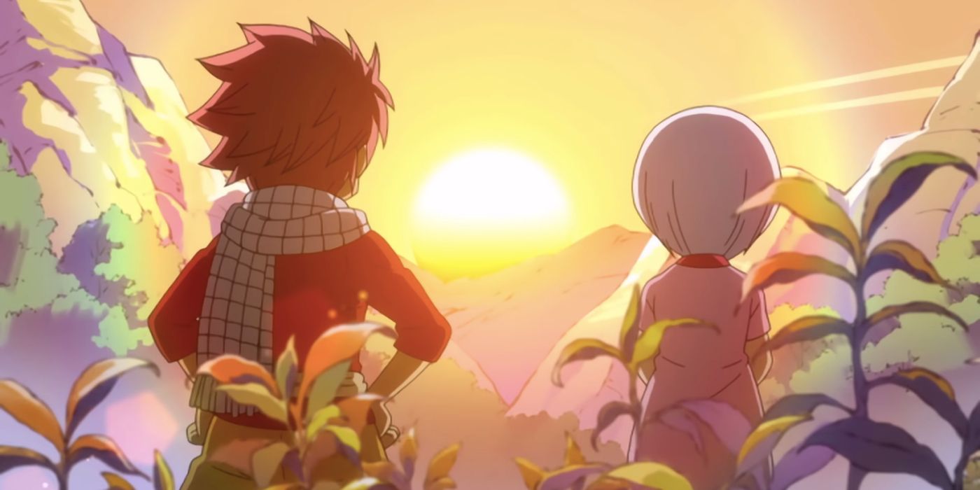 Natsu and Lisanna sitting side by side as they watch the sun rise