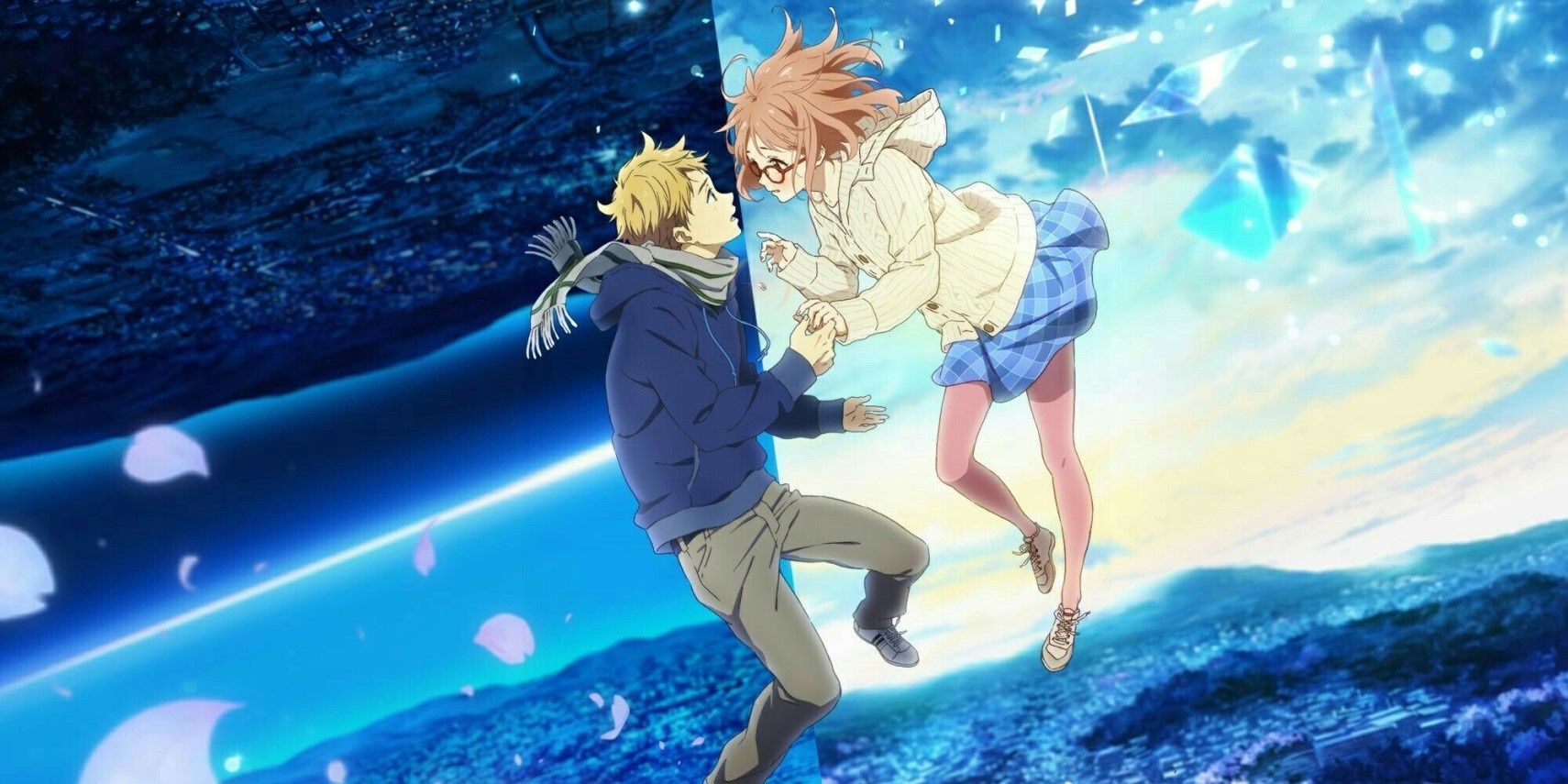 beyond the boundary Akihito and Mirai holding hands.