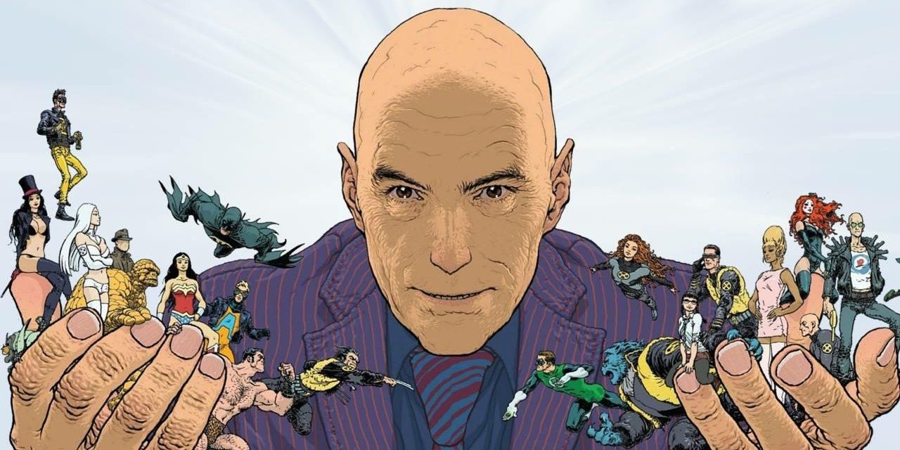 Frank Quitely's drawing of Grant Morrison, featuring many character Morrison wrote during his career