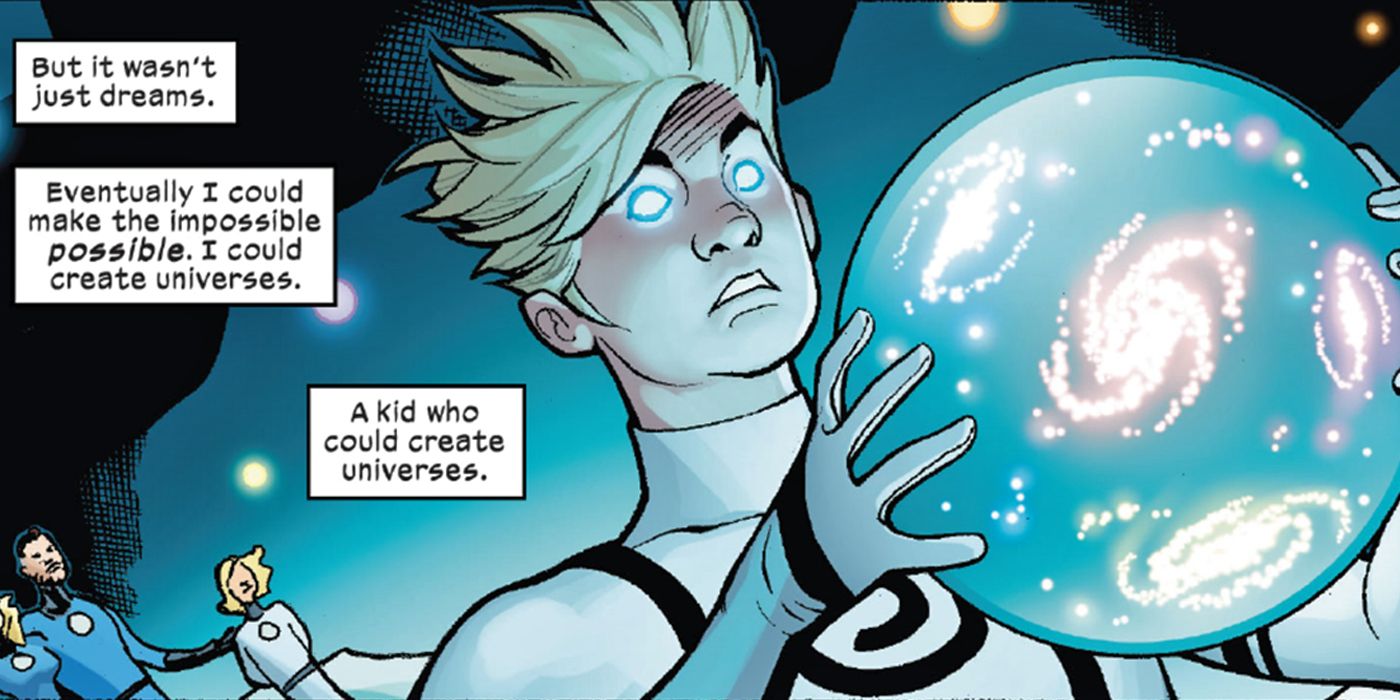 Marvel Comics' Franklin Richards holding universe while his parents look on