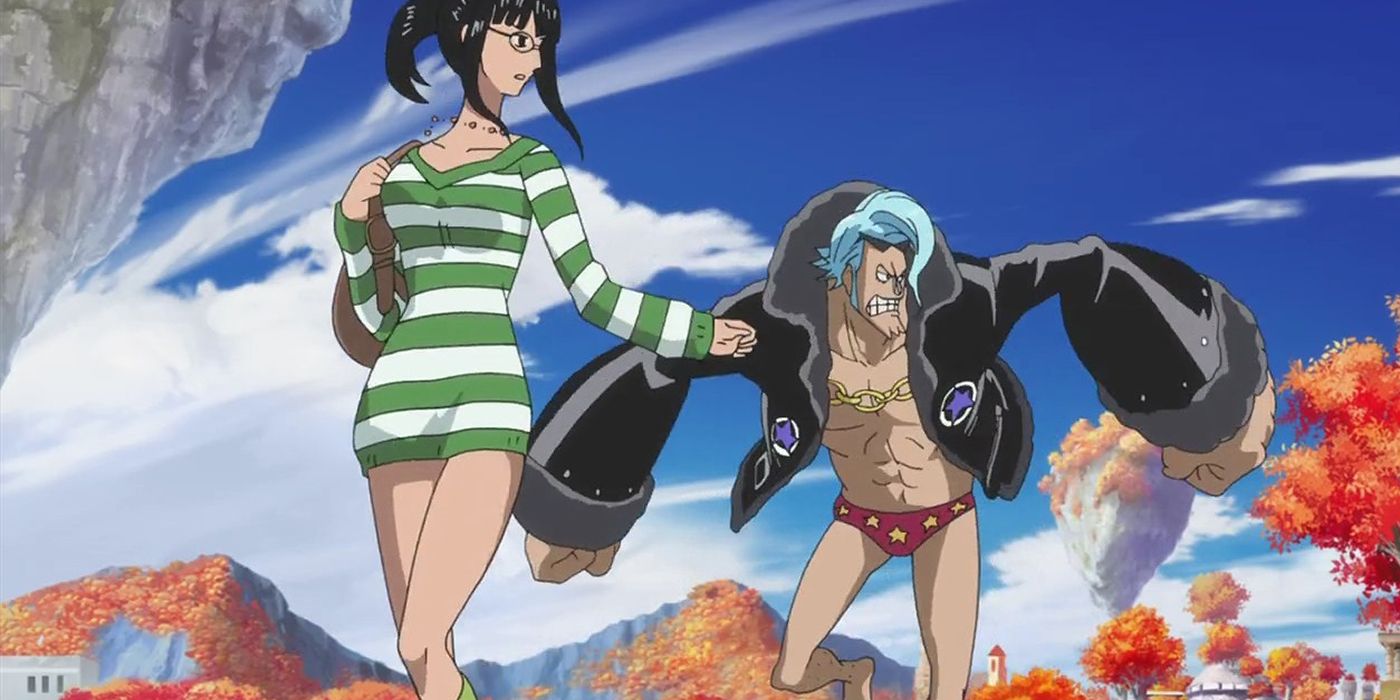 Image shows Nico Robin and Franky running away - One Piece
