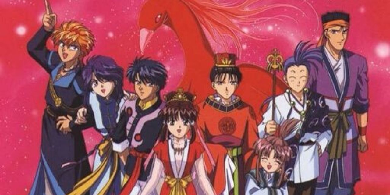 Miaka and the cast of Fushigi Yugi pose together