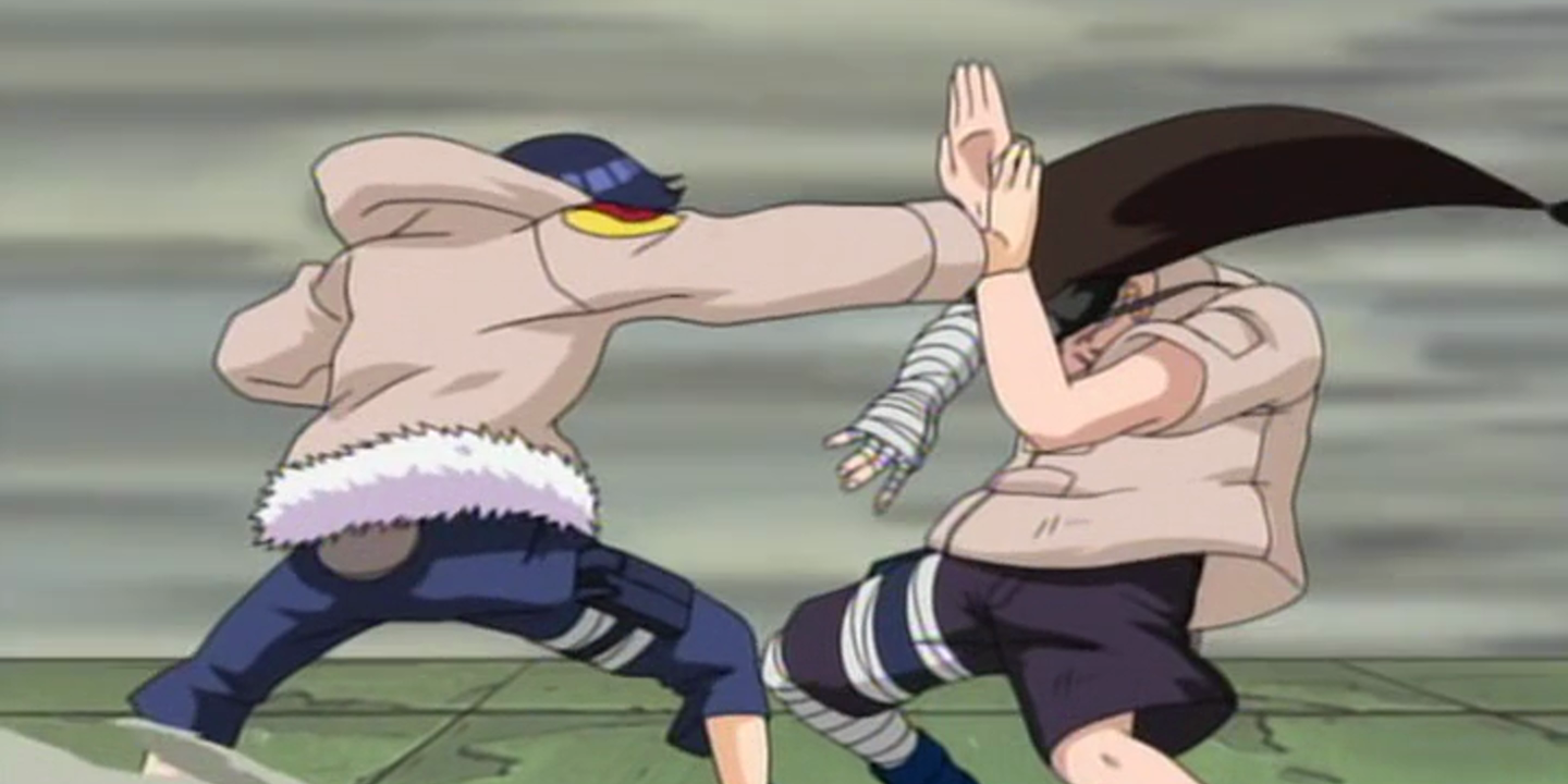 Hinata and Neji fight during the Chunin Exams in Naruto.