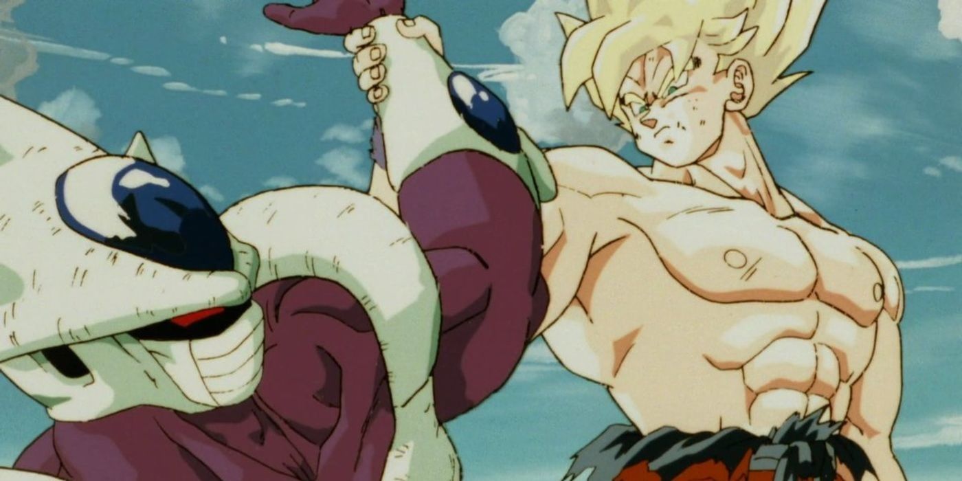 Super Saiyan Goku pegando o braço de Cooler