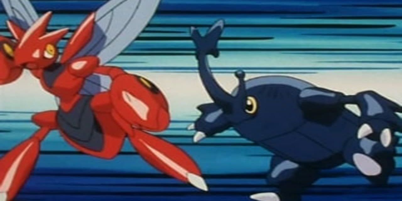 Scizor versus Heracross in the Pokemon anime