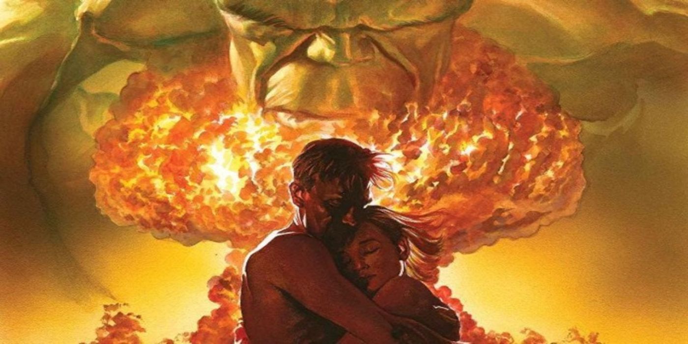 Marvel Comics' Bruce Banner and Betty Ross embracing while the Hulk looks on