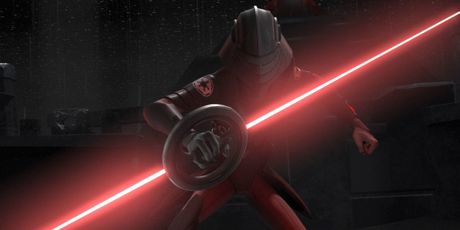 The Inquisitor Eighth Brother holds a double-bladed lightsaber, ready for Battle in Star Wars Rebels.