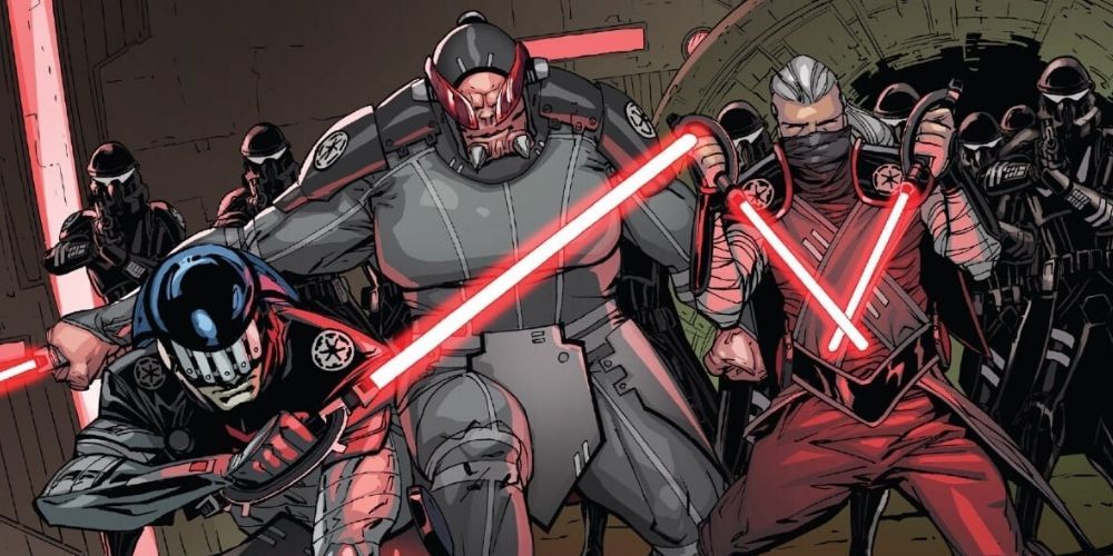 A group of Inquisitors hold red lightsabers, ready for battle.