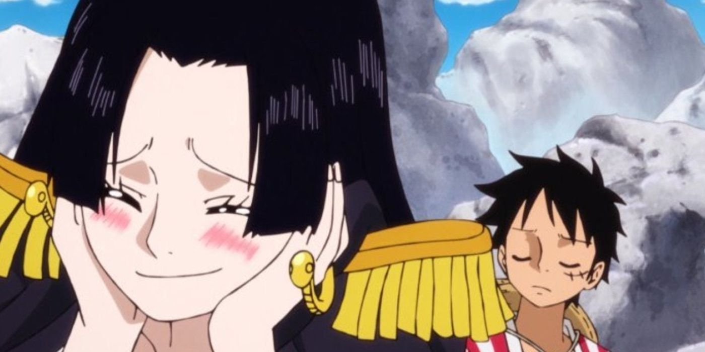 Hancock blushes over Luffy while Luffy has his eyes closed.