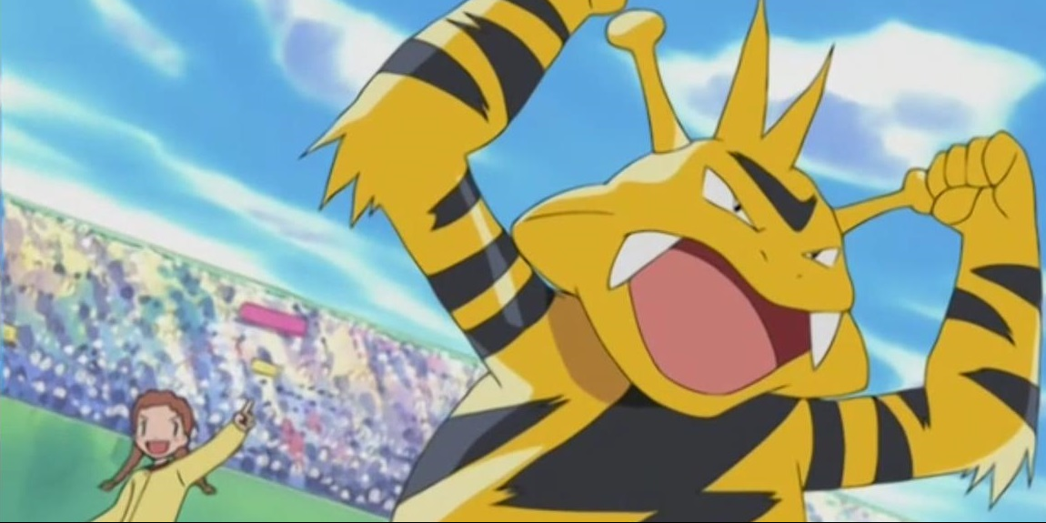 Electabuzz standing with arms raised excitedly