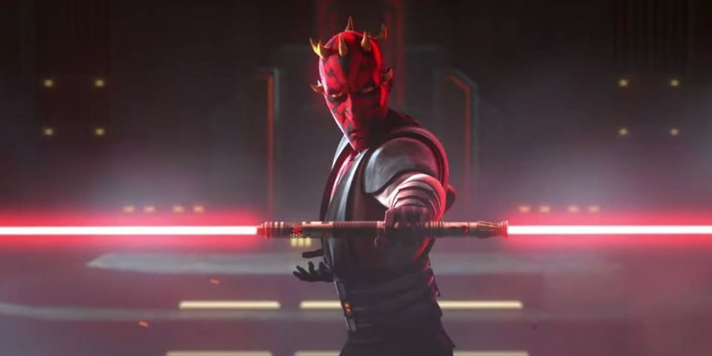 Darth Maul holds his double-bladed lightsaber in Star Wars: The Clone Wars