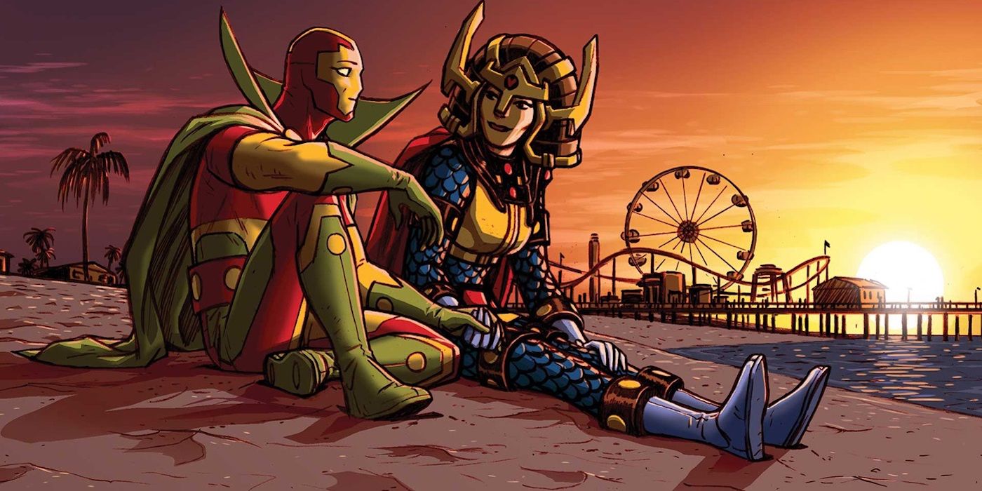 Mister Miracle and Big Barda sitting on the beach