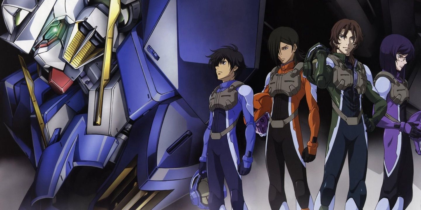 Celestial Being's mobile suit pilots pose with their mecha in Mobile Suit Gundam 00