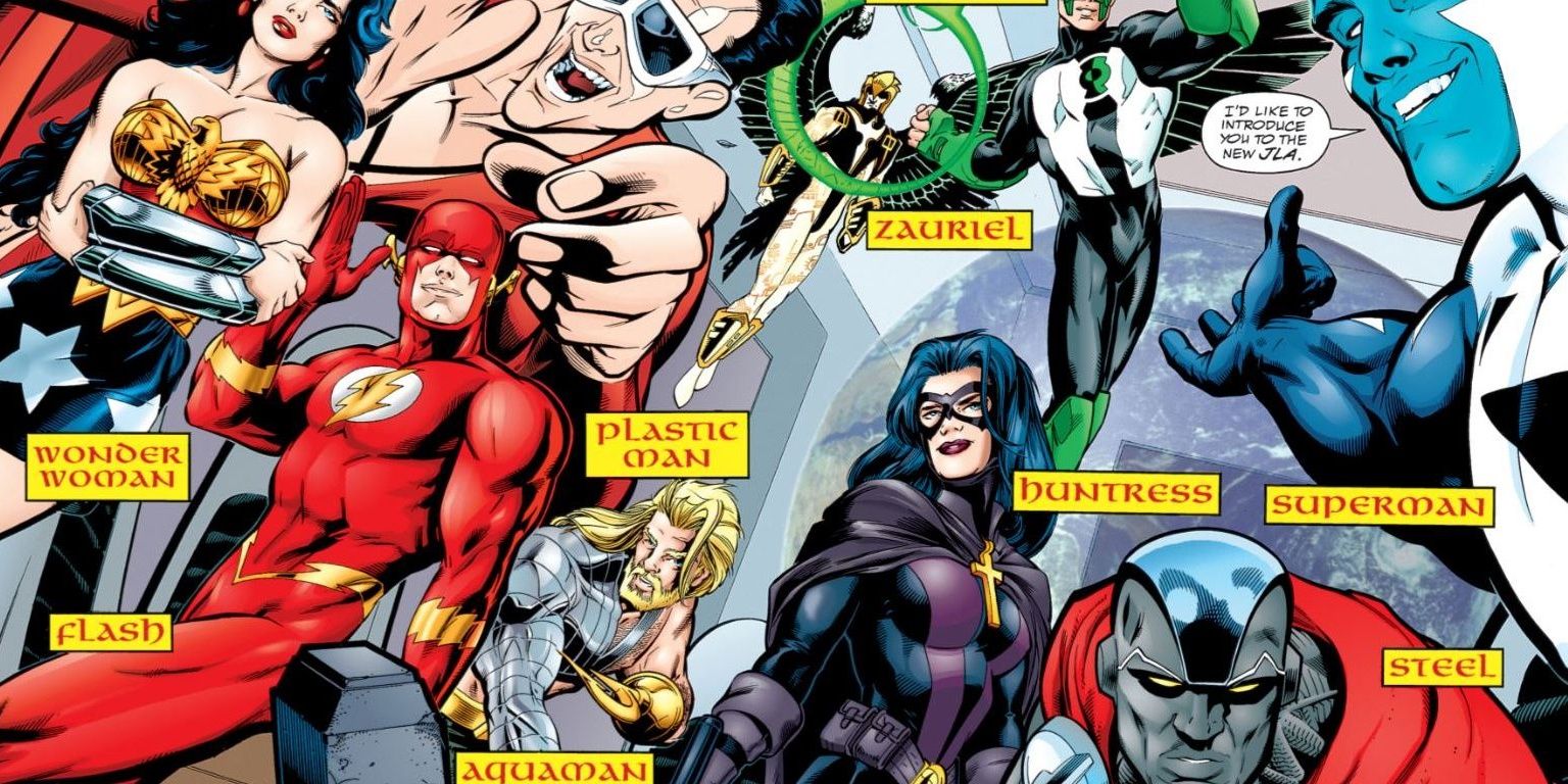 Grant Morrison's Pantheon League: Wonder Woman, Flash, Superman, Plastic Man, Zauriel, Green Lantern, Aquaman Steel, and Huntress from DC Comics