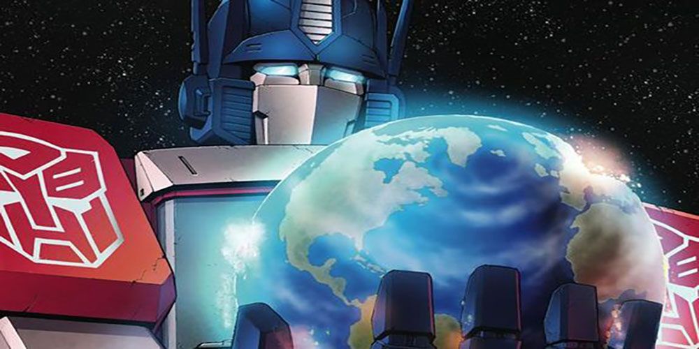 Optimus Prime holding the Earth in his hand