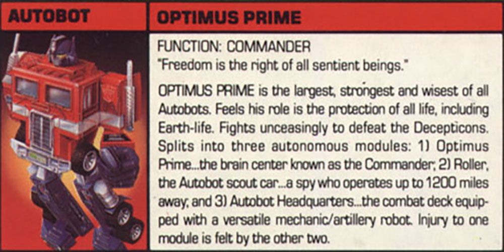 Bio card for Optimus Prime toy