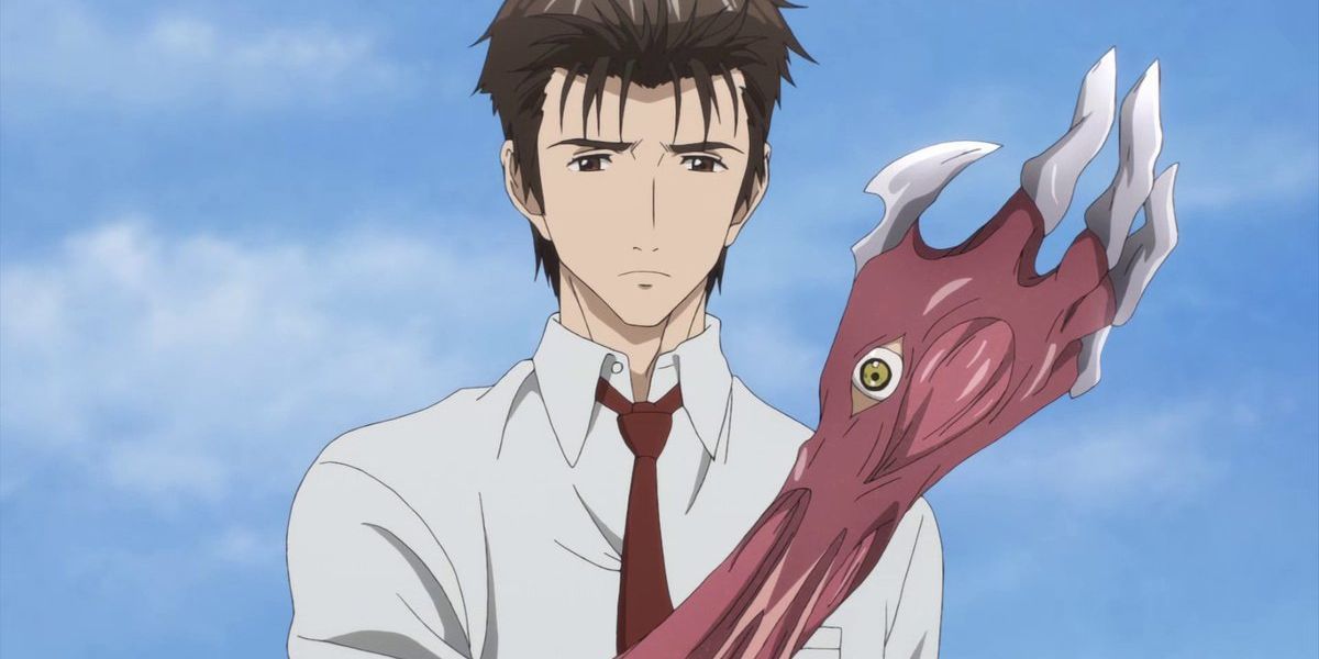 Shinichi looks at his alien arm in Parasyte