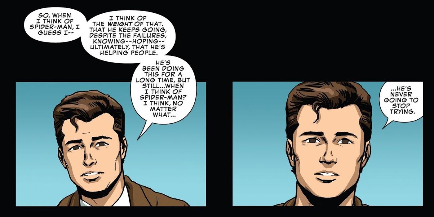 An image of Peter Parker giving his thoughts on Spider-Man to a documentarian