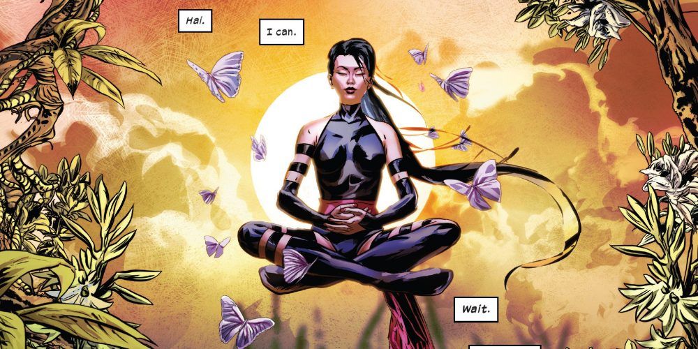 Marvel Comics Fallen Angels - Psylocke meditating surrounded by purple butterflies.