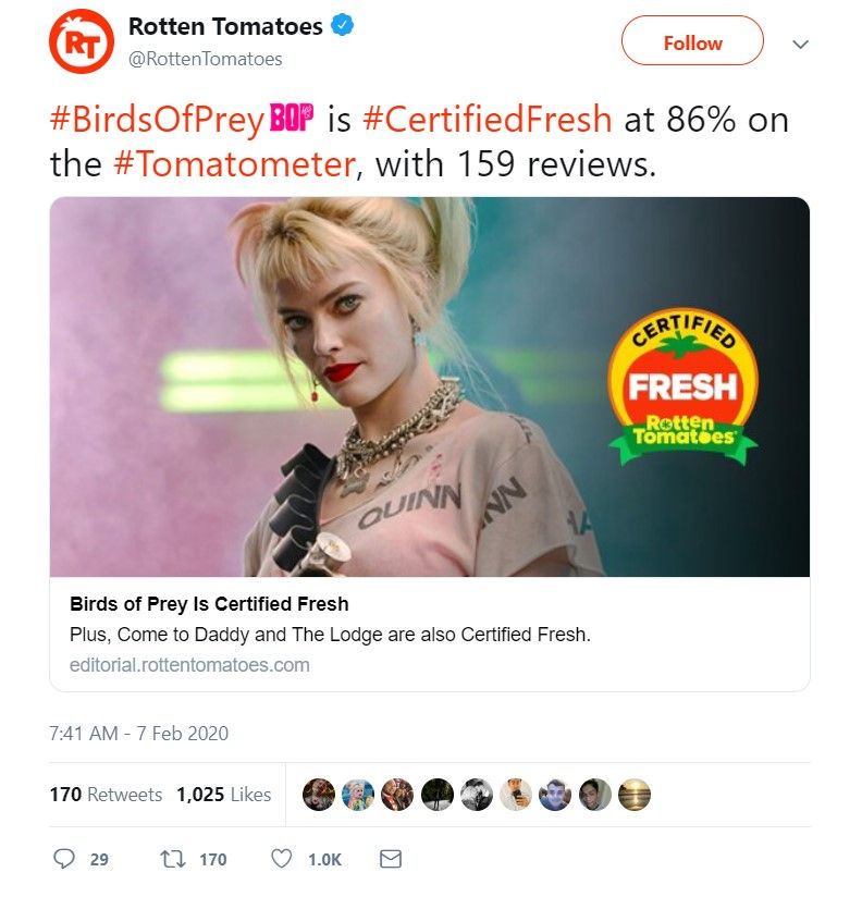 Harley Quinn and the Birds of Prey Is Certified Fresh on Rotten Tomatoes