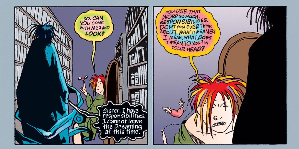 An image of Delirium and Dream having a conversation in The Sandman comics