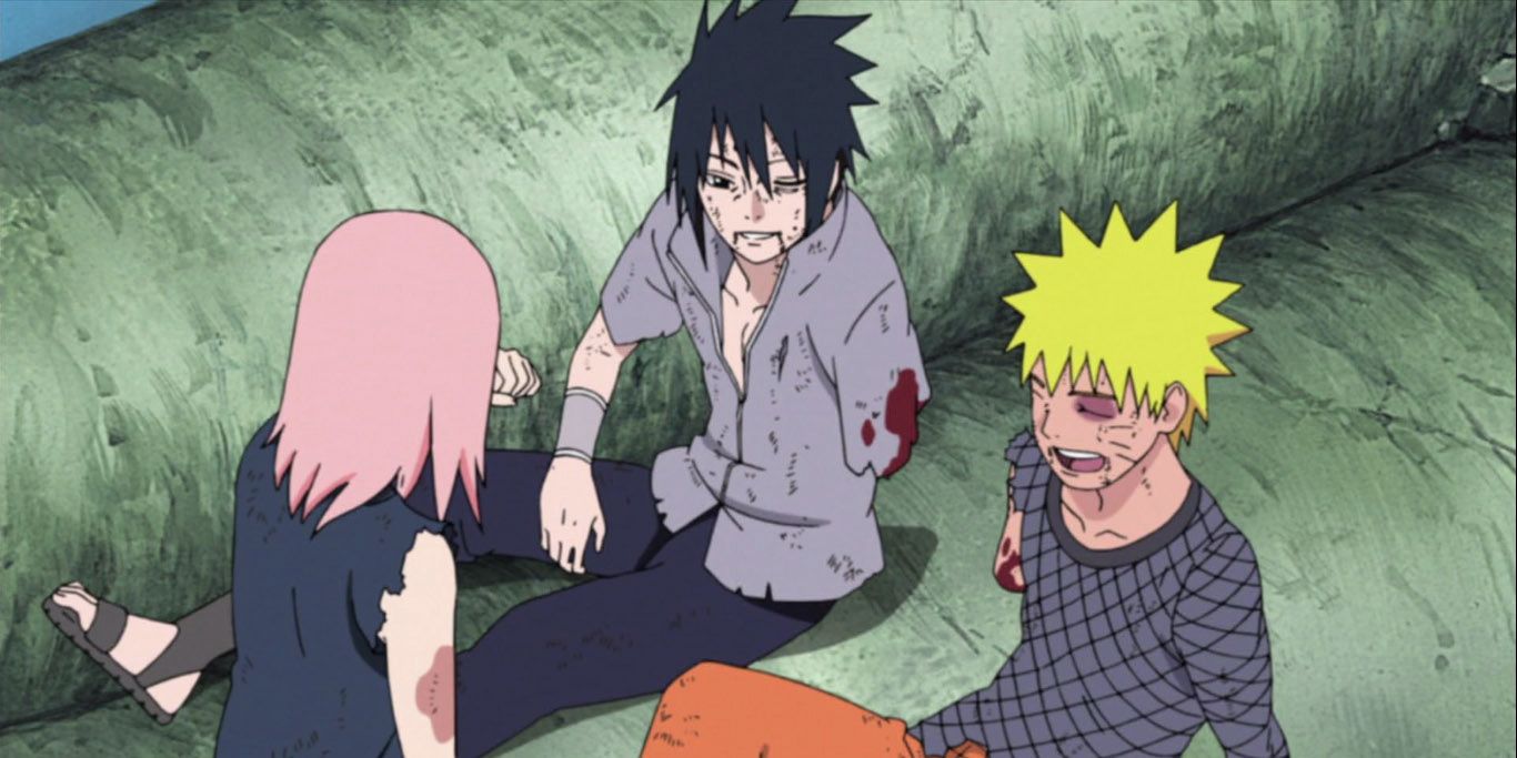 Sakura, Sasuke, and Naruto laughing together in Naruto.