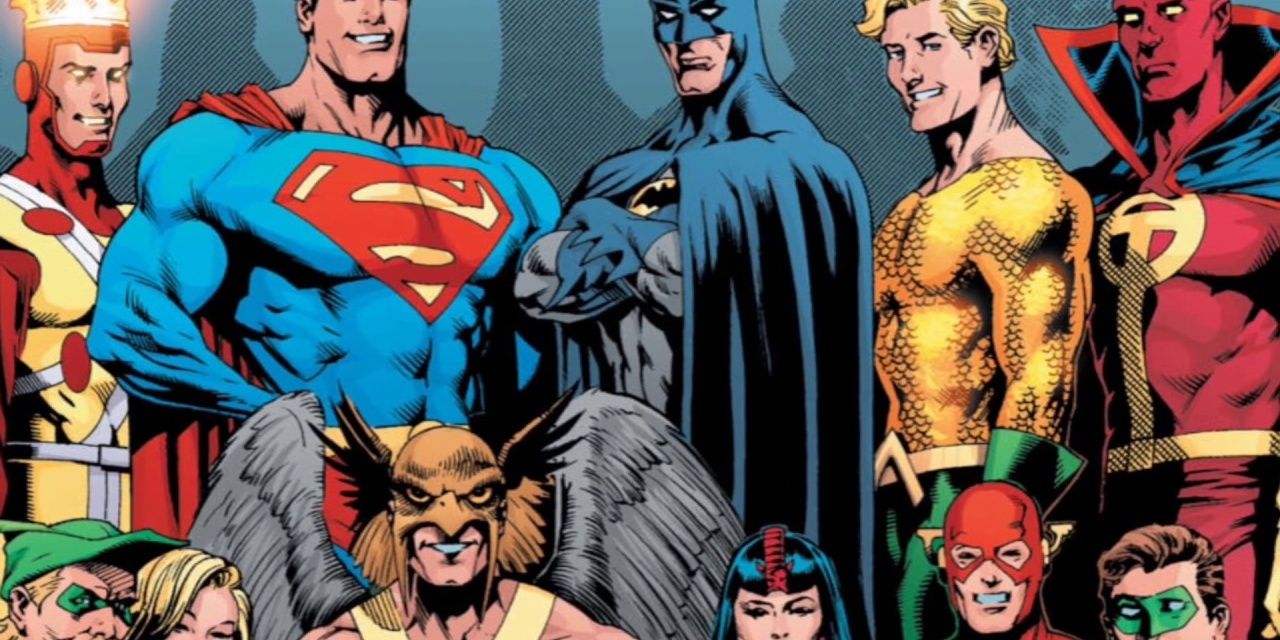 The Justice League of the 1970s, including Superman, Batman, Zatanna, and Red Tornado