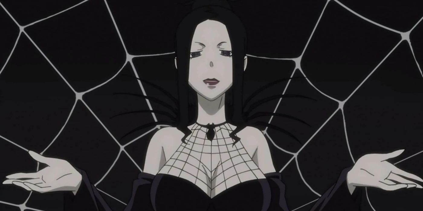 Arachne from Soul Eater in front of a web.