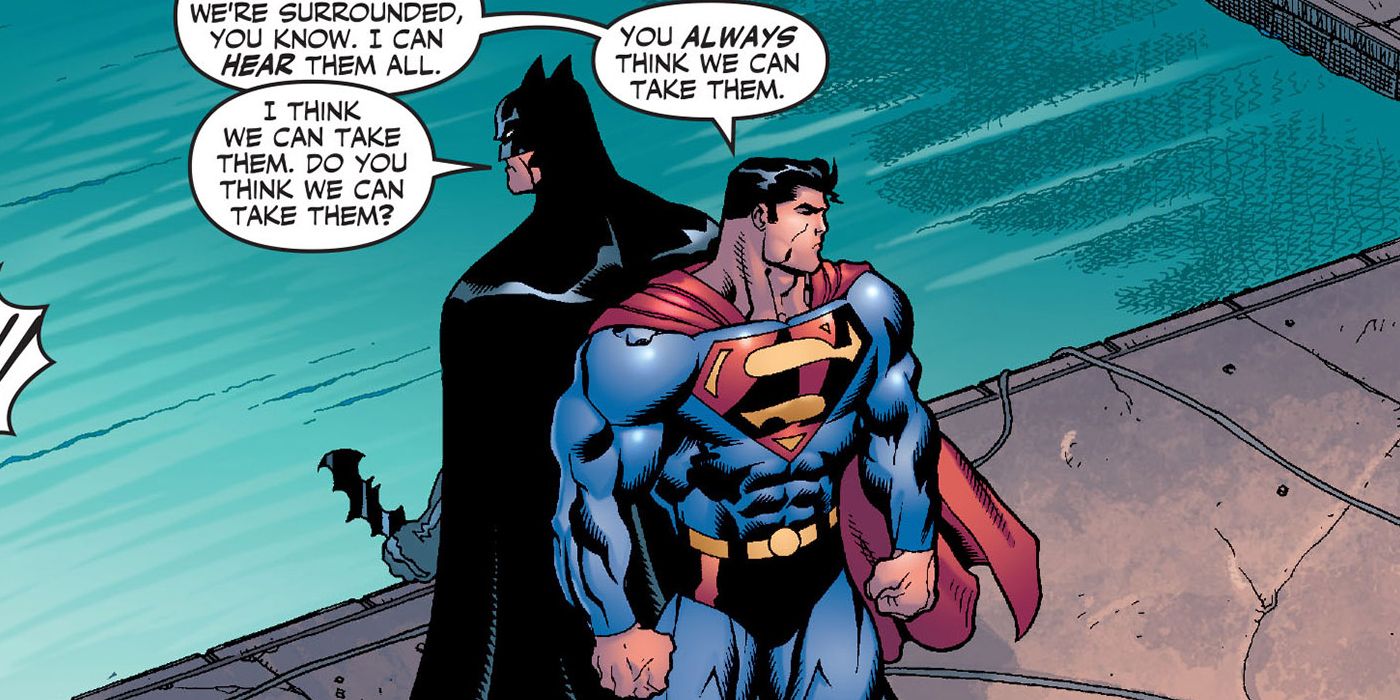 DC Comics' Superman and Batman preparing for an ambush