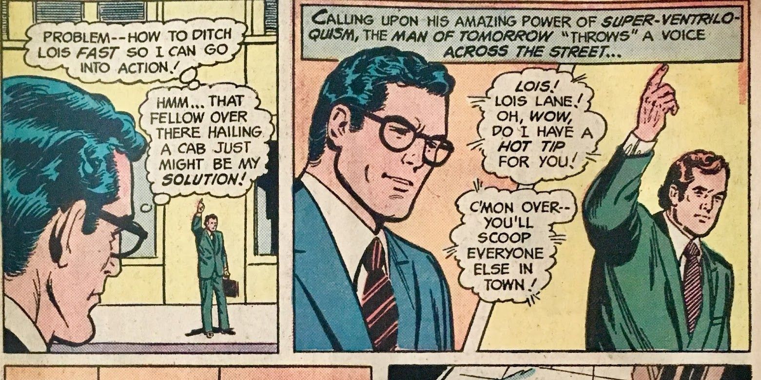 Comic book panel of Superman practicing his ventriloquism to trick Jimmy Olsen