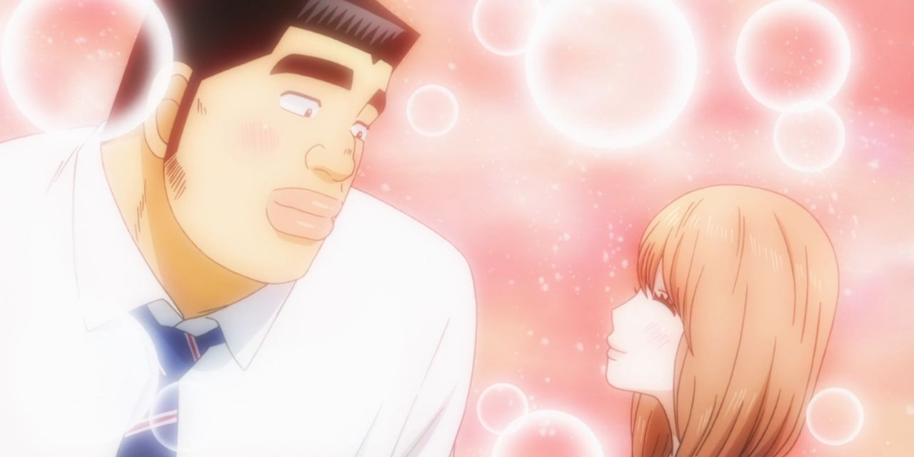 Takeo e Rinko de My Love Story com fundo de bolha shojo