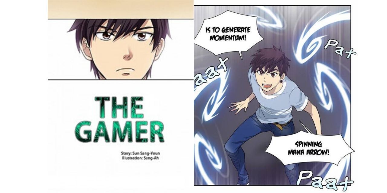 The cover of the webtoon The Gamer and a panel that shows Jee-Han while playing