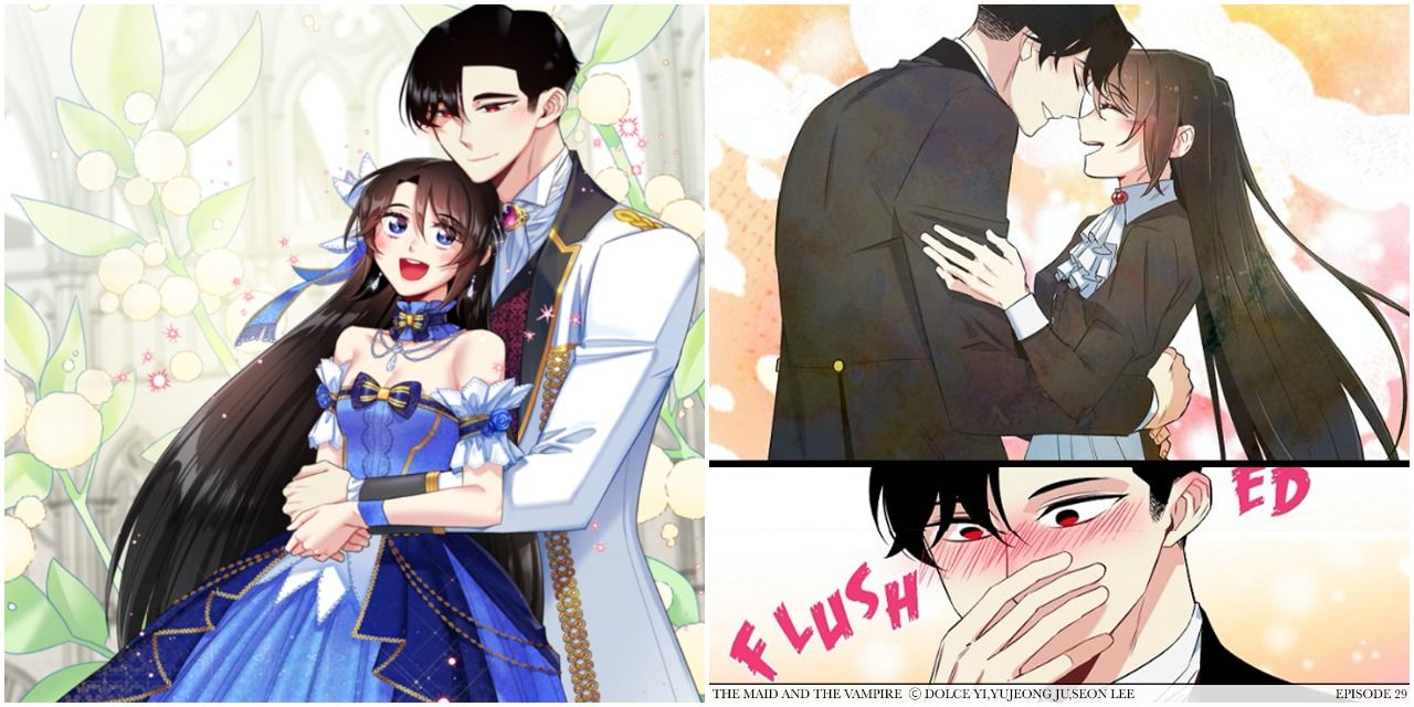 A split-image features Areum and Duke Millard Travis from The Maid And The Vampire manhwa